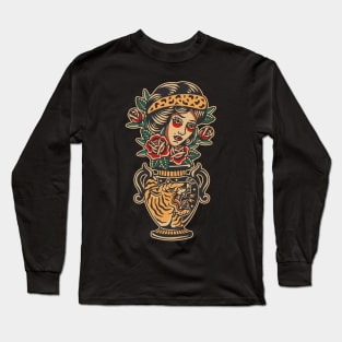 Women Flower Vase Traditional Tattoo Long Sleeve T-Shirt